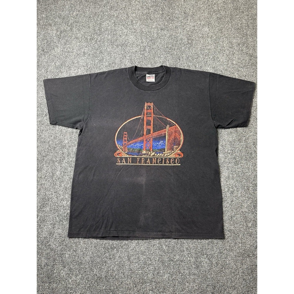 Mens 1993 San Francisco Golden Gate Bridge Oneita Graphic Black Tee, Size XL